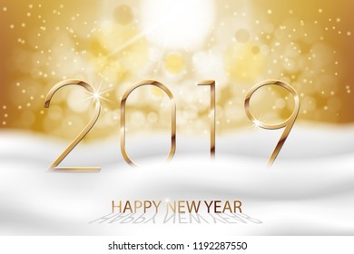 Vector Happy New Year 2019 - New Year Colorful Winter background with gold text. Greetings New Year banner with snow and bokeh. Vector