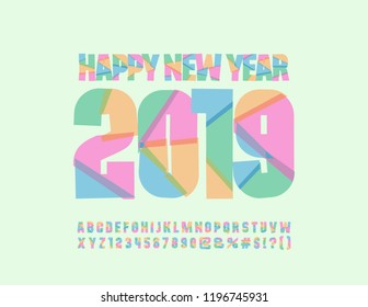 Vector Happy new Year 2019 Greeting  Card for Children. Funny Alphabet Letters, Numbers, Symbols.