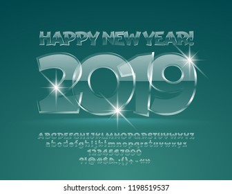 Tarjeta de felicitación Vector Happy New Year 2019. Fuente de vidrio transparente. Letras, números y símbolos de alfabetos tridimensionales