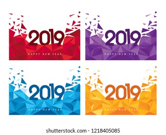 Vector HAPPY NEW YEAR 2019 banner / poster. Colorful crystal text triangular scatter Design