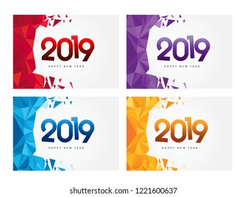 Vector HAPPY NEW YEAR 2019 banner / poster. Colorful crystal text triangular scatter Design