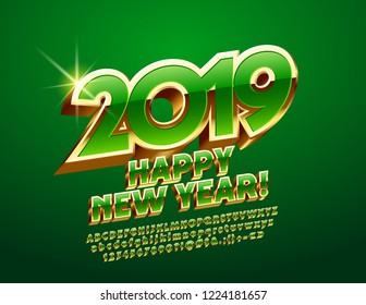 Vector Happy New Year 2019 bright Greeting Card. Rotated chic Alphabet Letters. Green and Golden 3D Font.