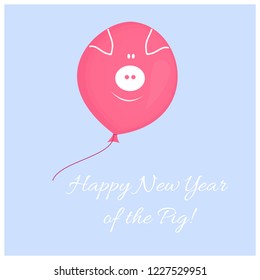 Vector Happy New year 2019 greeting card: flying pink balloon with drawn pig's face on it