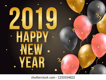 Vector Happy New Year 2019 illustration with flying 3d party air balloons, ribbons and confetti. Trendy Merry Christmas celebration background