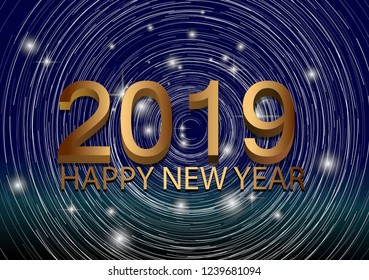 Vector Happy New Year 2019. Rotating stars and blue galaxies.Gold text and numbers.