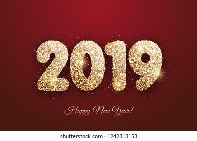 Vector - Happy New Year 2019 - New Year background with gold glitter on red background