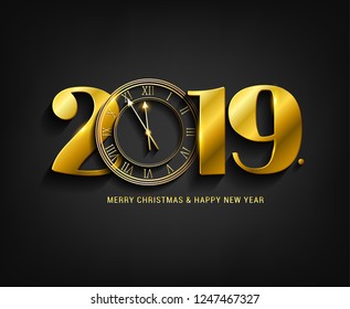 Vector Happy New Year 2019 - New Year background with gold clock