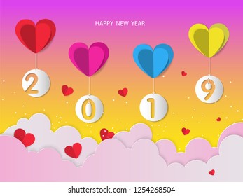 Vector Happy New Year 2019 on red background with paper cuttings