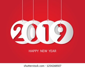 Vector Happy New Year 2019 on red background with paper cuttings
