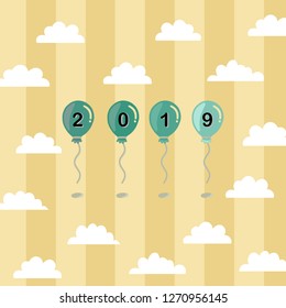 Vector of Happy new year 2019 in green balloons flying in the white clouds sky in yellow mixed with cream colors isolated background illustration.