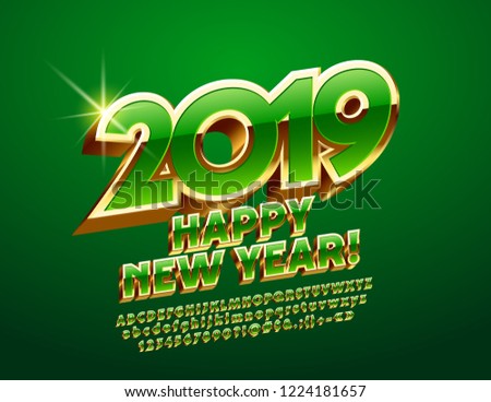 Vector Happy New Year 2019 bright Greeting Card. Rotated chic Alphabet Letters. Green and Golden 3D Font.