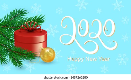 Vector Happy new Year 2020 banner with pine branch, glitter, snowflakes, gift boxes, ball. Happy New Year card with realistic fir branch on blue background for header, poster, web site, social media.