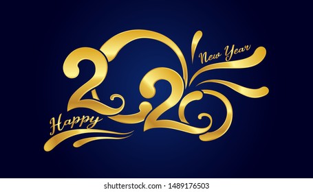Vector Happy New Year 2020 with gold text and number design isolated on black background.