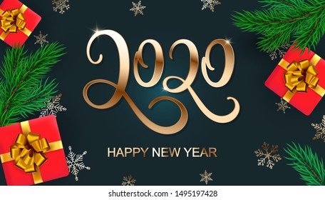 Vector Happy New Year 2020 golden banner with gift boxes and snowflakes on dark background. Happy New Year card with sparkling gold text, pine branch for poster, web site, social media, greeting card.