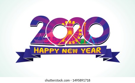 Diseño de texto Vector Feliz Año Nuevo 2020 con el concepto de diversión y festival de carnaval aislado en fondo blanco.