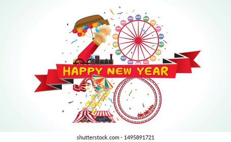 Vector Happy New Year 2020  text design with amusement and carnival funfair concept isolated on white background.