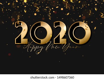 Vector happy new year 2020 composition gold text, flying confetti and bokeh lights for banner, poster