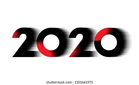 Vector Happy New Year 2020 greeting card with abstract halftone design isolated on white background.