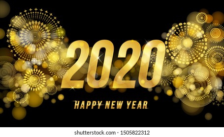 Vector Happy New Year 2020 for greeting card with fireworks and gold number design isolated on black background.