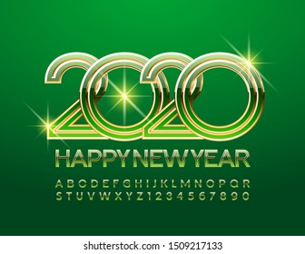Vector Happy New Year 2020 bright Greeting Card. Сhic Alphabet Letters. Green and Golden Font.