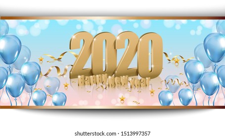 Vector Happy New Year 2020 shiny background with gold 3d letters and blue realistic balloons.