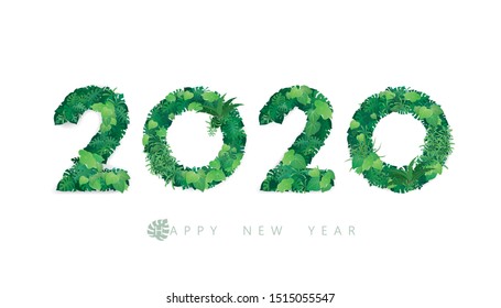 Vector Happy New Year 2020  text design with tropical leaves concept isolated on white background.