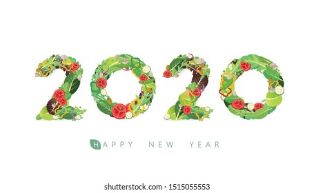 Vector Happy New Year 2020  text design with salad concept isolated on white background.