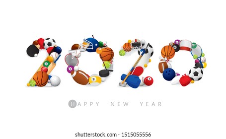 Vector Happy New Year 2020  text design with sports concept isolated on white background.