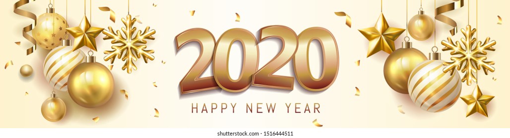 Vector happy new year 2020 web banner sale gold and black collors place for text christmas balls, snowflake and holidays decoration.