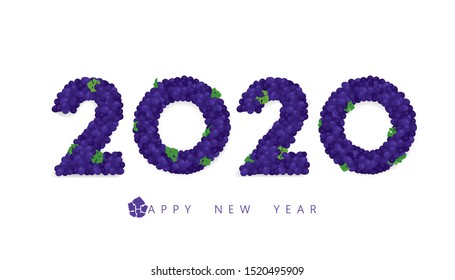 Vector Happy New Year 2020  text design with red grapes wreath concept isolated on white background.