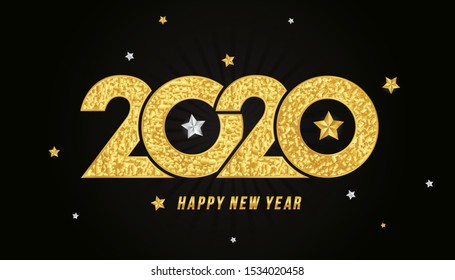 Vector Happy New Year 2020 decorated with golden text and stars isolated on black background.