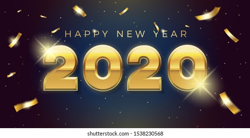Vector Happy new year 2020 background with golden 3d text and explosion of conffeti. For seasonal holiday web banners, flyers and festive posters