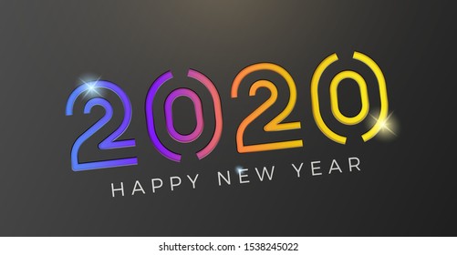 Vector Happy new year 2020 background with geometric colorful gradient text cut on a dark background. For seasonal holiday web banners, flyers and festive posters