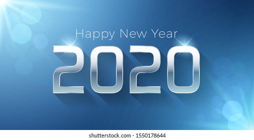 Vector Happy new year 2020 illustration with silver 3d text on a blue background. For seasonal holiday greetings web banners, flyers and festive posters