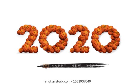 Vector Happy New Year 2020  text design with basketball concept isolated on white background.