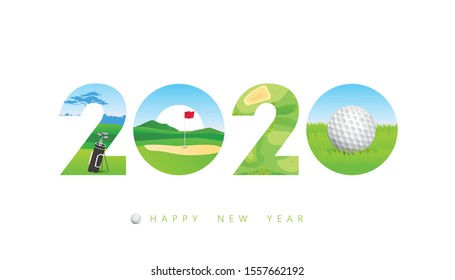 Diseño de texto Vector Feliz Año Nuevo 2020 con concepto de golf aislado en fondo blanco.