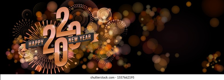 Vector Happy New Year 2020 for greeting card with fireworks and rose gold number design isolated on black background.