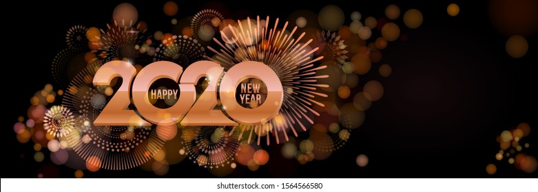Vector Happy New Year 2020 for greeting card with fireworks and rose gold number design isolated on black background.