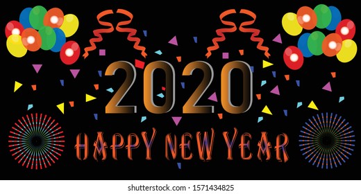 Vector. Happy New Year 2020. Dark abstract background. The explosion fireworks. Bright burst of festive fireworks.