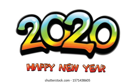 Vector Happy New Year 2020 text design with graffiti letters concept isolated on white background.