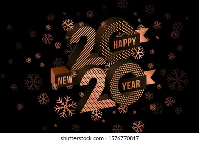 Vector Happy New Year 2020 for greeting card with snowflakes and rose gold number design isolated on black background.