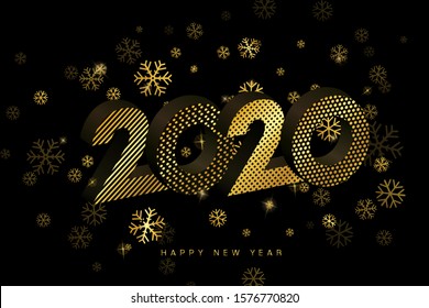 Vector Happy New Year 2020 for greeting card with snowflakes and gold number design isolated on black background.