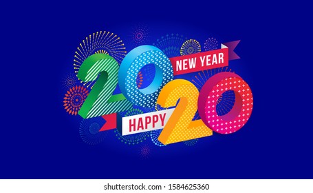 Vector Happy New Year 2020  text design with fireworks background.