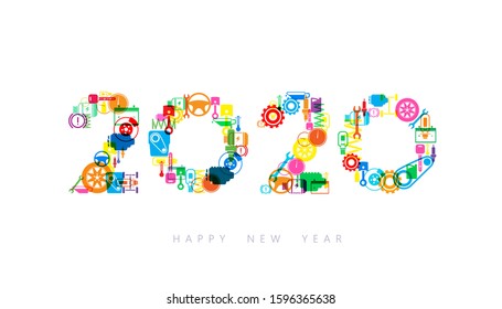 Vector Happy New Year 2020  text design with auto maintenance parts for car mechanic service concept isolated on white background.