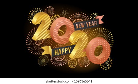 Vector Happy New Year 2020 for greeting card with fireworks and rose gold number design isolated on black background.