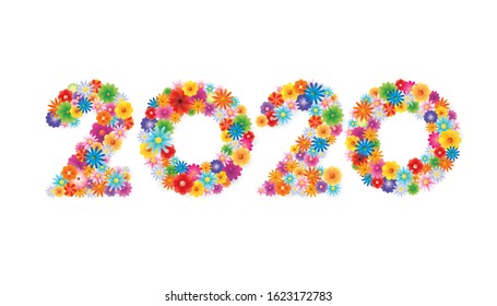 Vector Happy New Year 2020  text design with blooming flowers concept isolated on white background.