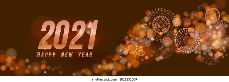 Vector Happy New Year 2020 for greeting card with fireworks and rose gold number design isolated on black background.