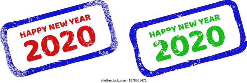 Vector HAPPY NEW YEAR 2020 framed rubber imitations with grunge style. Rough bicolor rectangle seal stamps. Red, blue, green colors used.