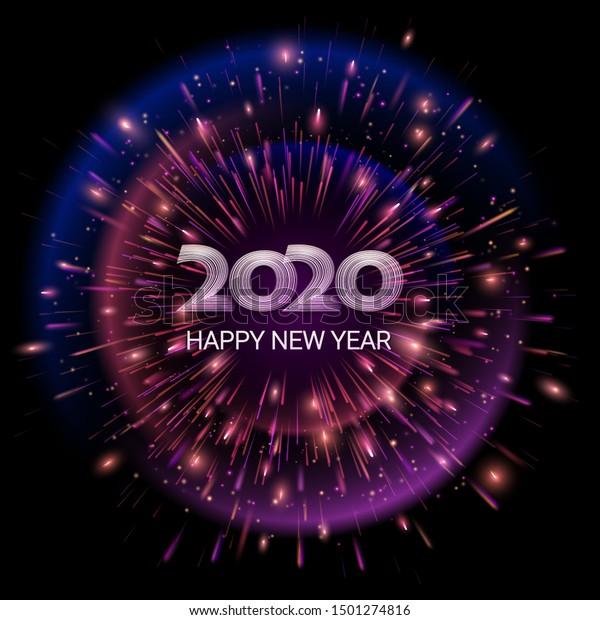 Vector. Happy New Year 2020. Dark abstract background. The explosion fireworks.  Bright burst of festive fireworks. Lights and luminous particles. Template for greeting cards, banners, invitations. 