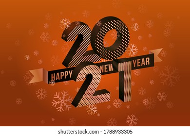 Vector Happy New Year 2021 for greeting card with snowflakes and rose gold number design isolated on black background.